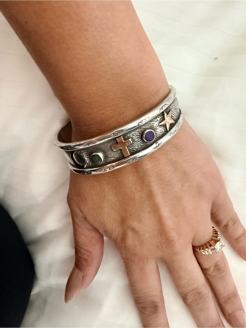 Sterling Silver Cuff Bracelet with 14k gold Accents and Stones